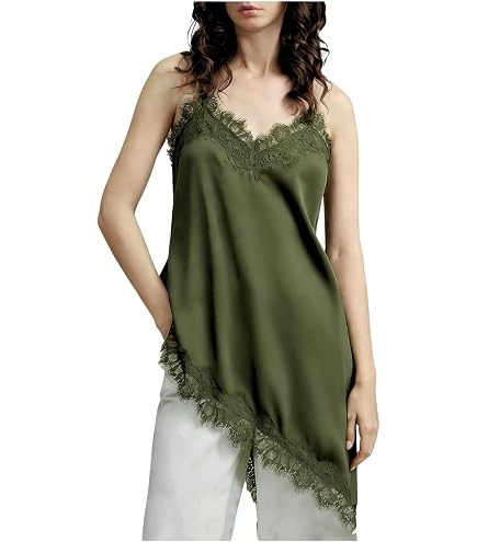 Women Silk Satin Extra Long Camisole Lace Asymmetrical Trim Cami